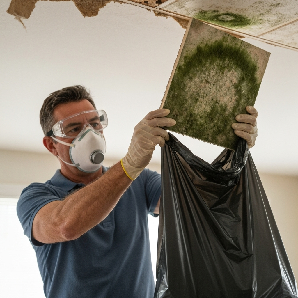 A person wearing safety gear properly handling a moldy ceiling tile.