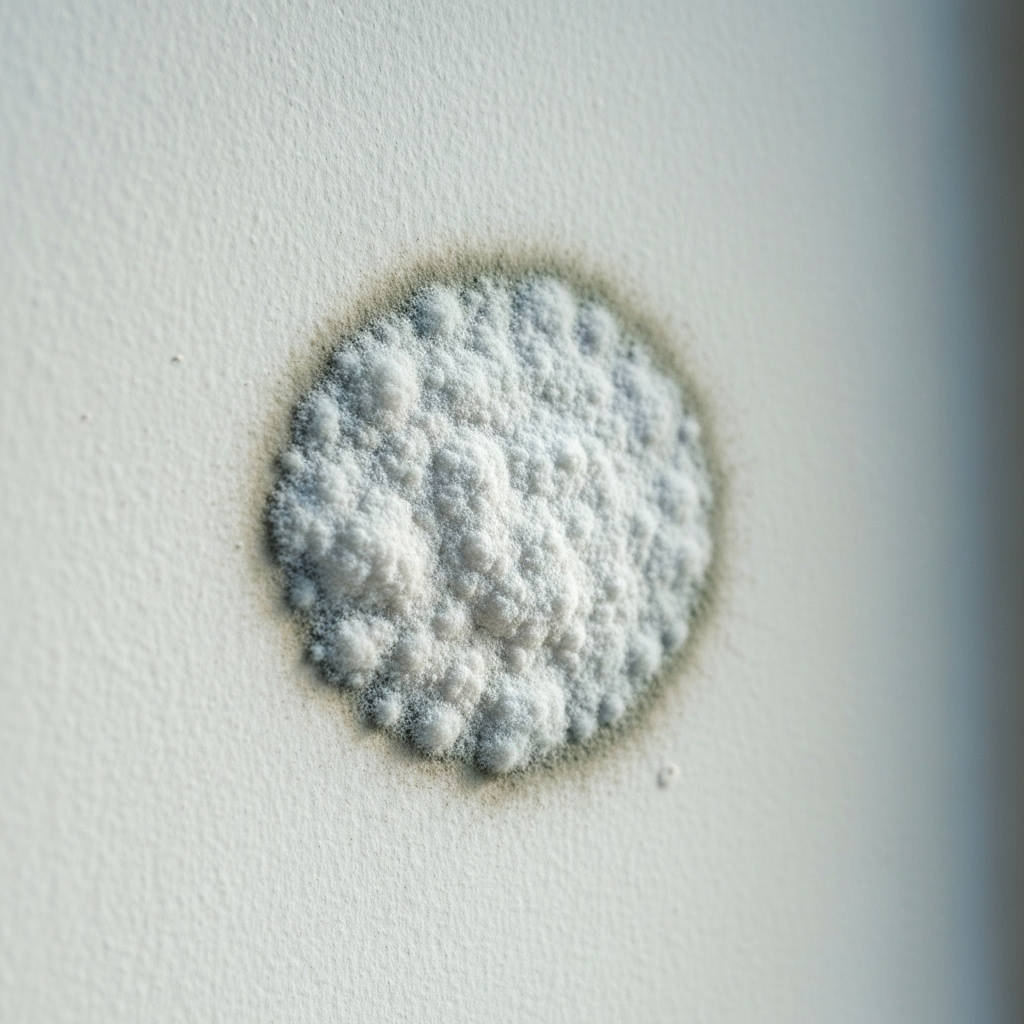 Subtle white powdery mold on a painted wall, which is difficult to spot.