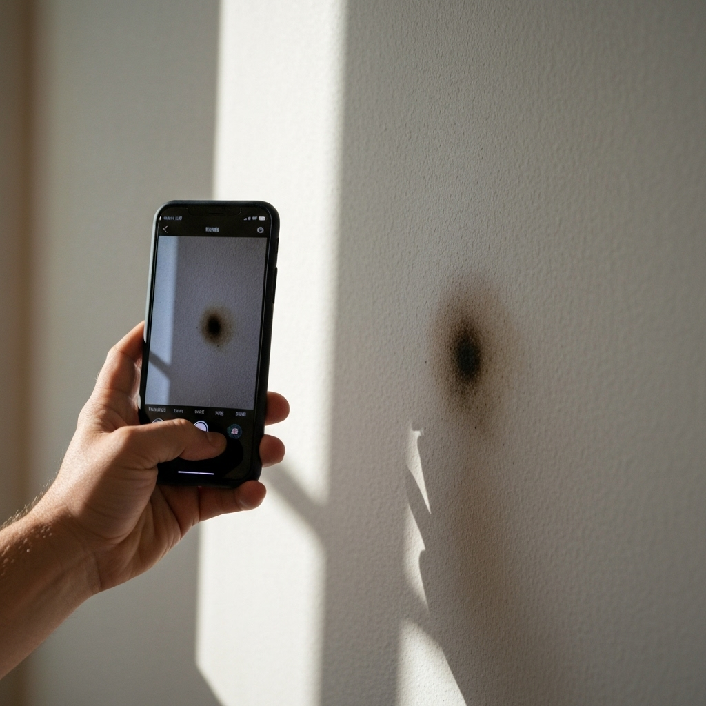 A person using their smartphone to take a picture of a potential mold spot on a wall for analysis.