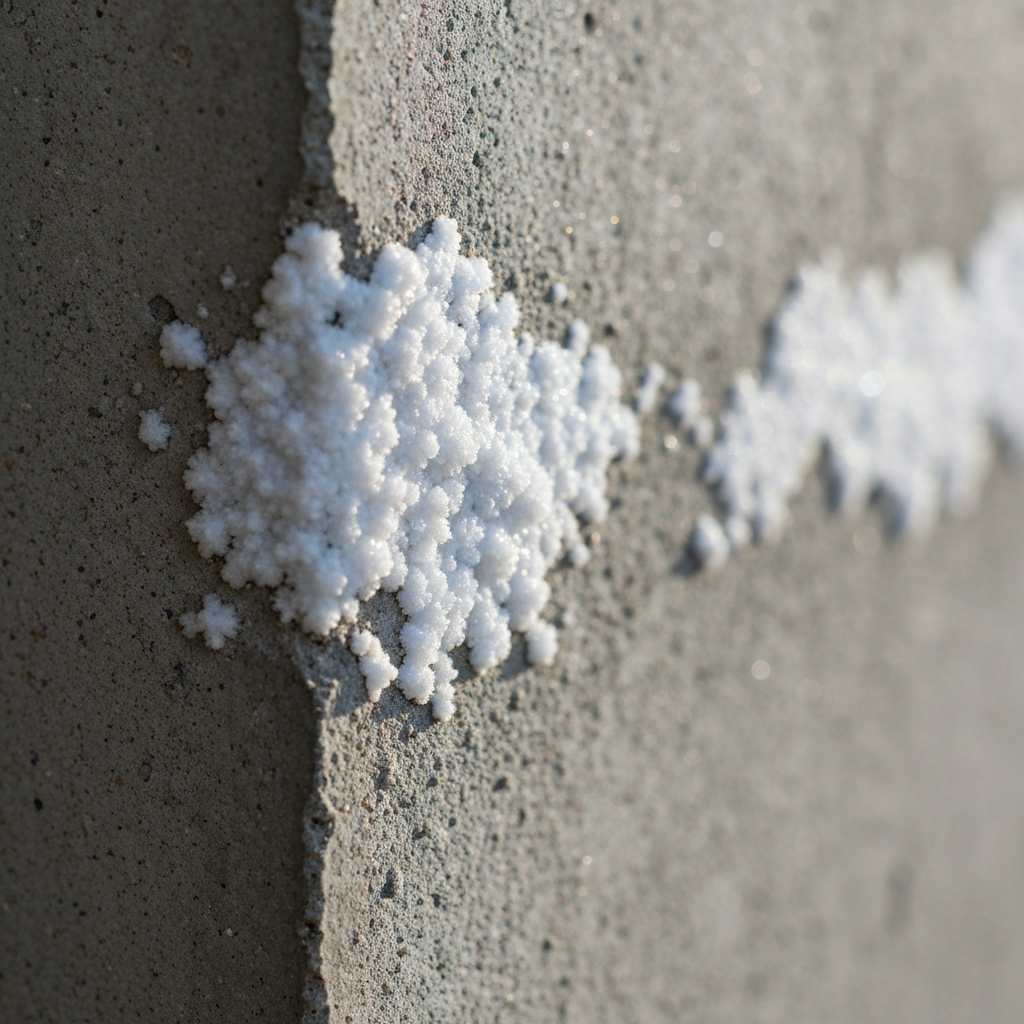 Close-up of white, crystalline efflorescence on a gray concrete wall, showing its powdery texture.