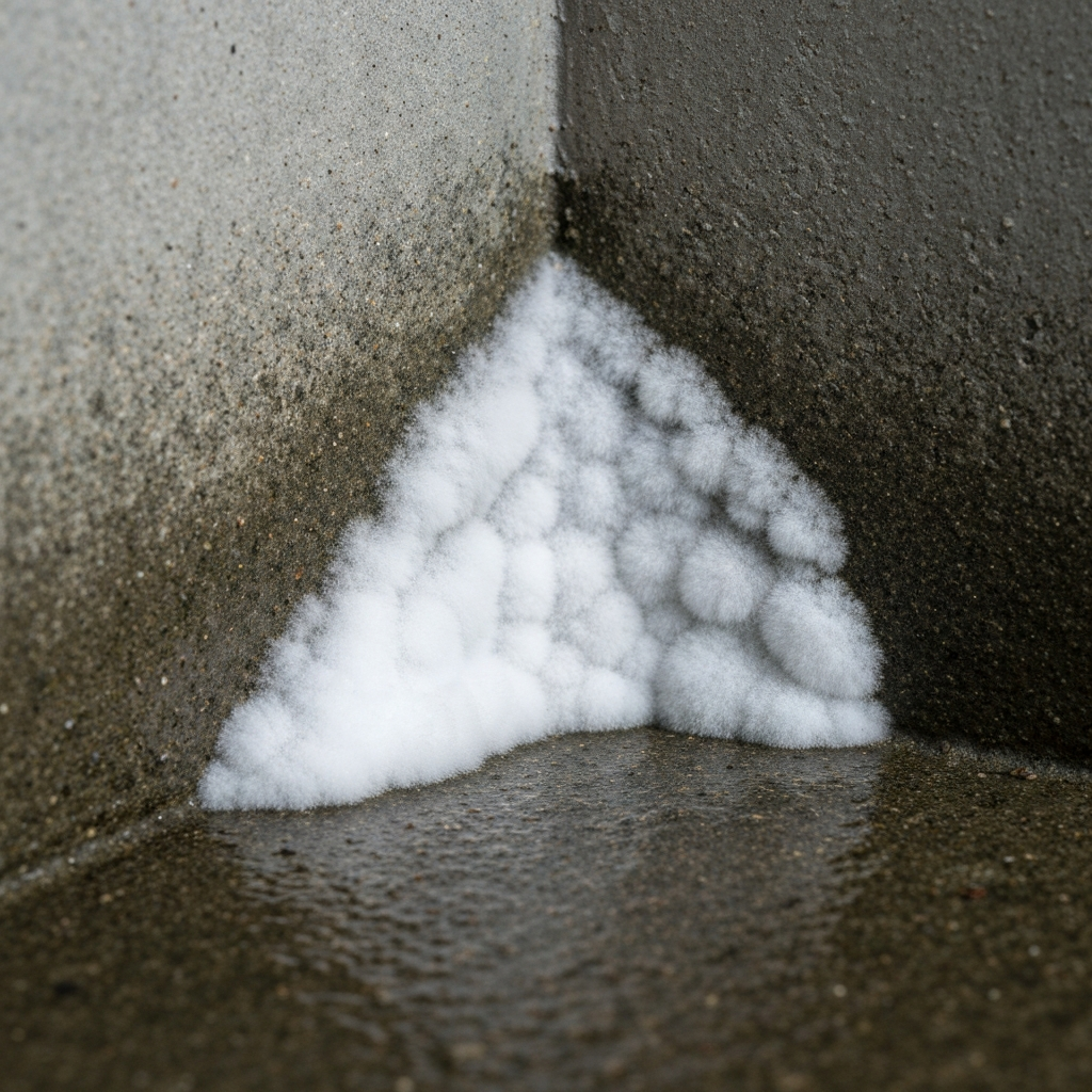 Close-up of white mold on concrete, showing its fuzzy, cotton-like appearance in a damp corner.