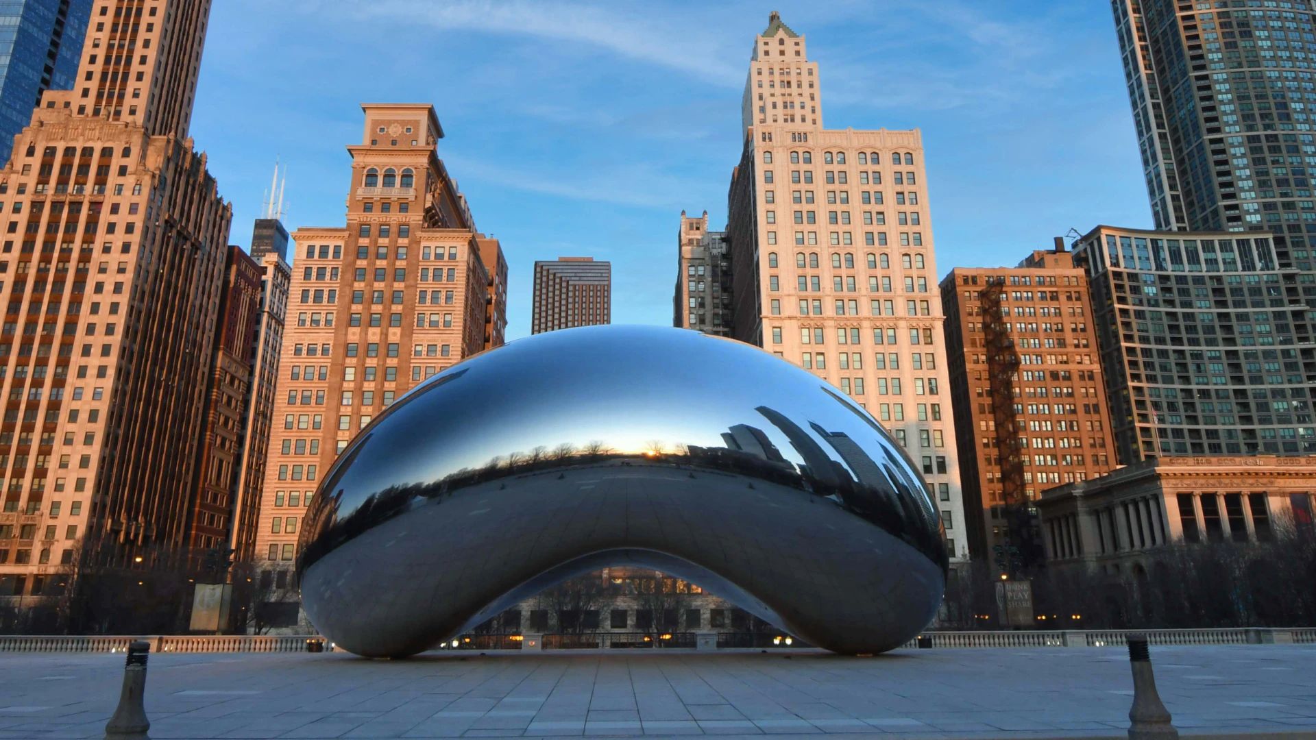 Glistening Chicago skyline at dusk, a forgotten futuristic district whispers secrets of lost ambition, travel's intrigue.