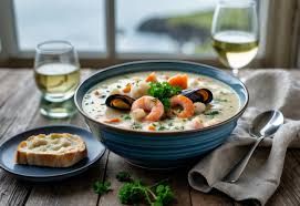Warm, rustic Donegal pub interior, steam rising from hearty seafood chowder bowl.