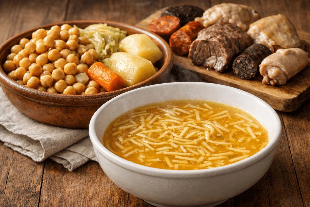 Steaming Cocido Madrileño in rustic Madrid eatery, inviting warmth, local flavors revealed.