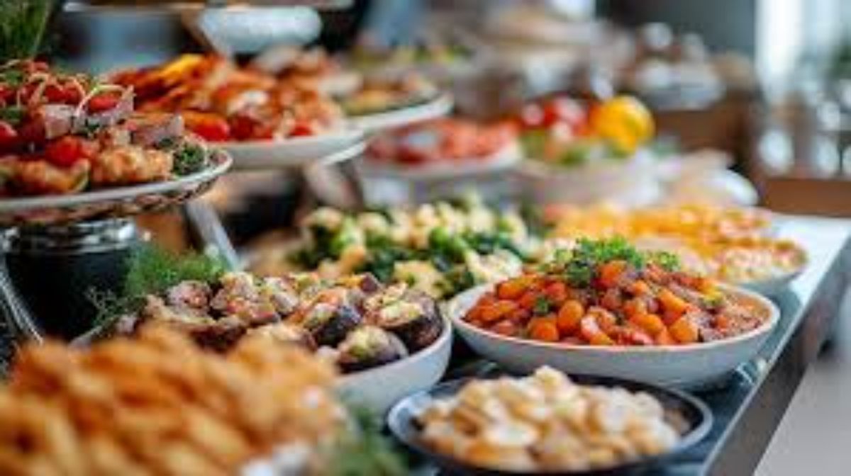 Abundant, colorful buffet spread, bright restaurant lighting, thrilling budget travel mood in Lubbock.