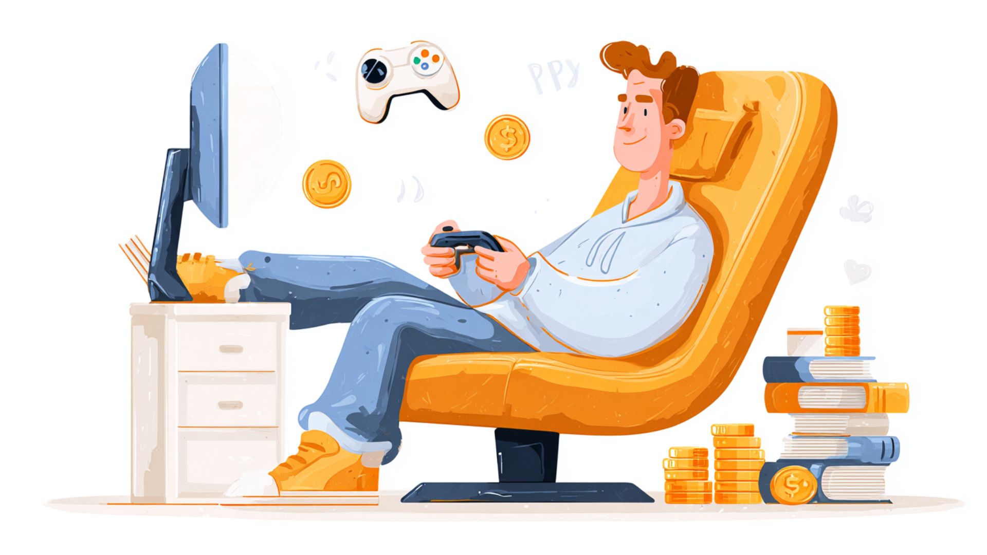 A man earns money sitting in a chair and playing video games