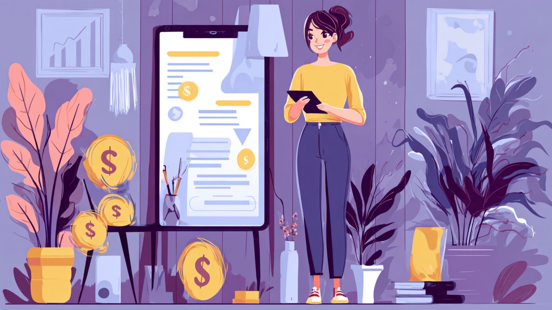 Woman with a tablet in front of a board with a financial report How to do surveys for money at home
