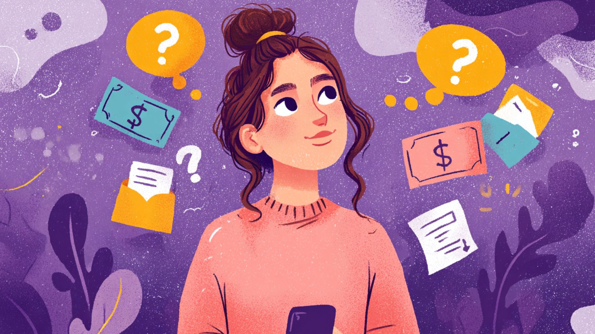 A woman with a phone in her hands is thinking about how to make money Mistakes to avoid when doing paid surveys