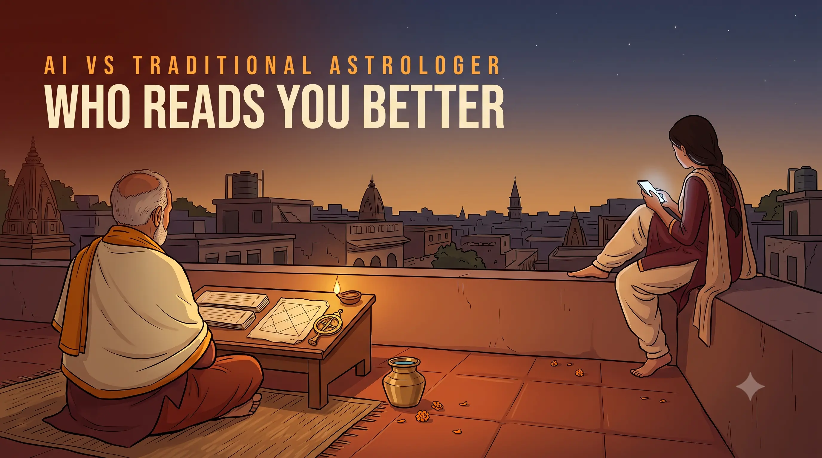 A pandit reading a hand-drawn kundli by lamplight while a young woman consults an astrology app on her phone nearby