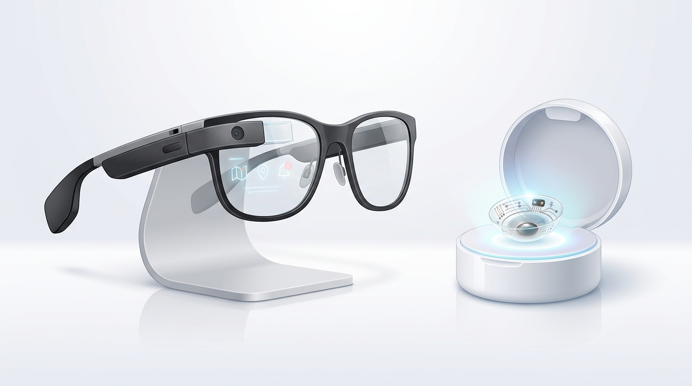 目に装着する医療機器としてのスマートコンタクトレンズの構造や電子回路の仕組みを示すイメージ図