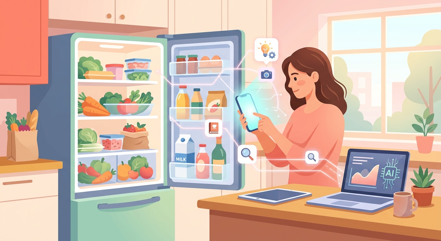 冷蔵庫の食材をスマホで撮影する様子