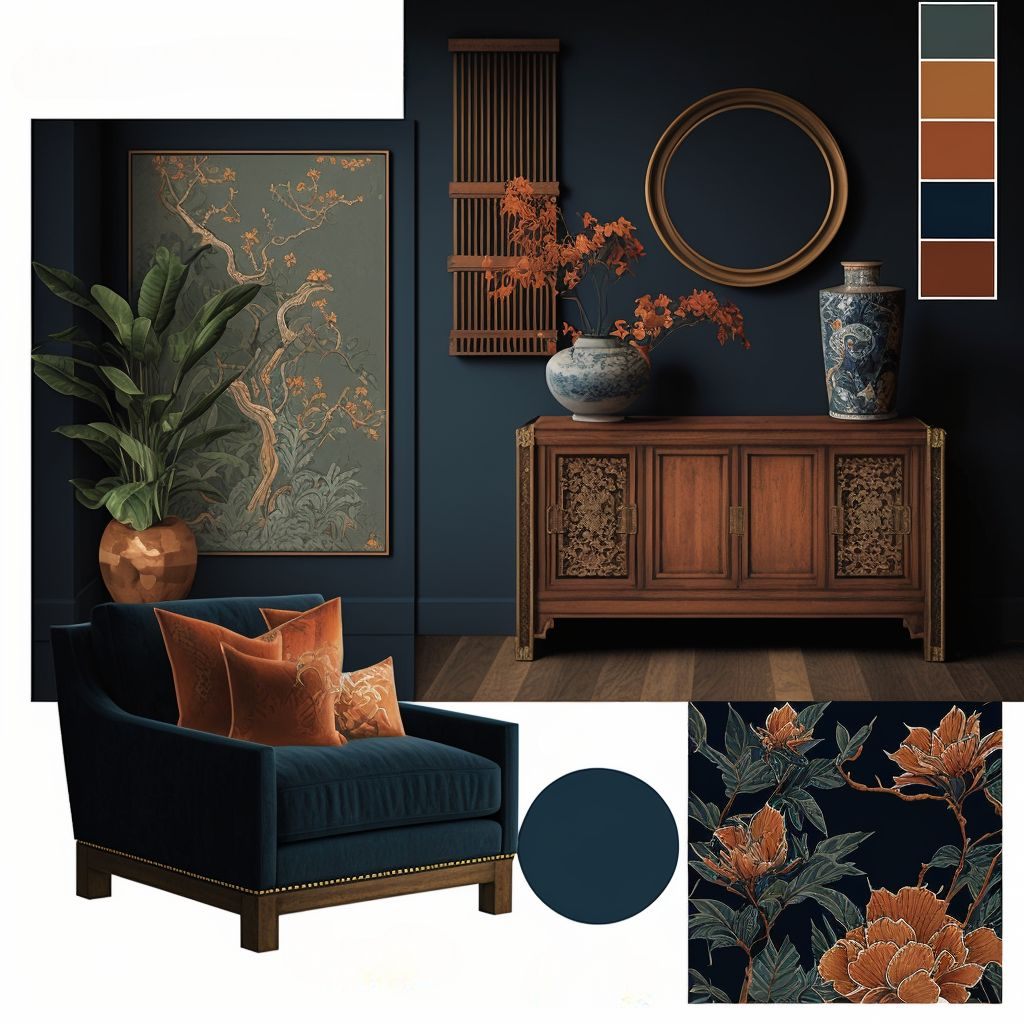 Asian Zen Living Room: Navy Blue & Burnt Orange Serenity