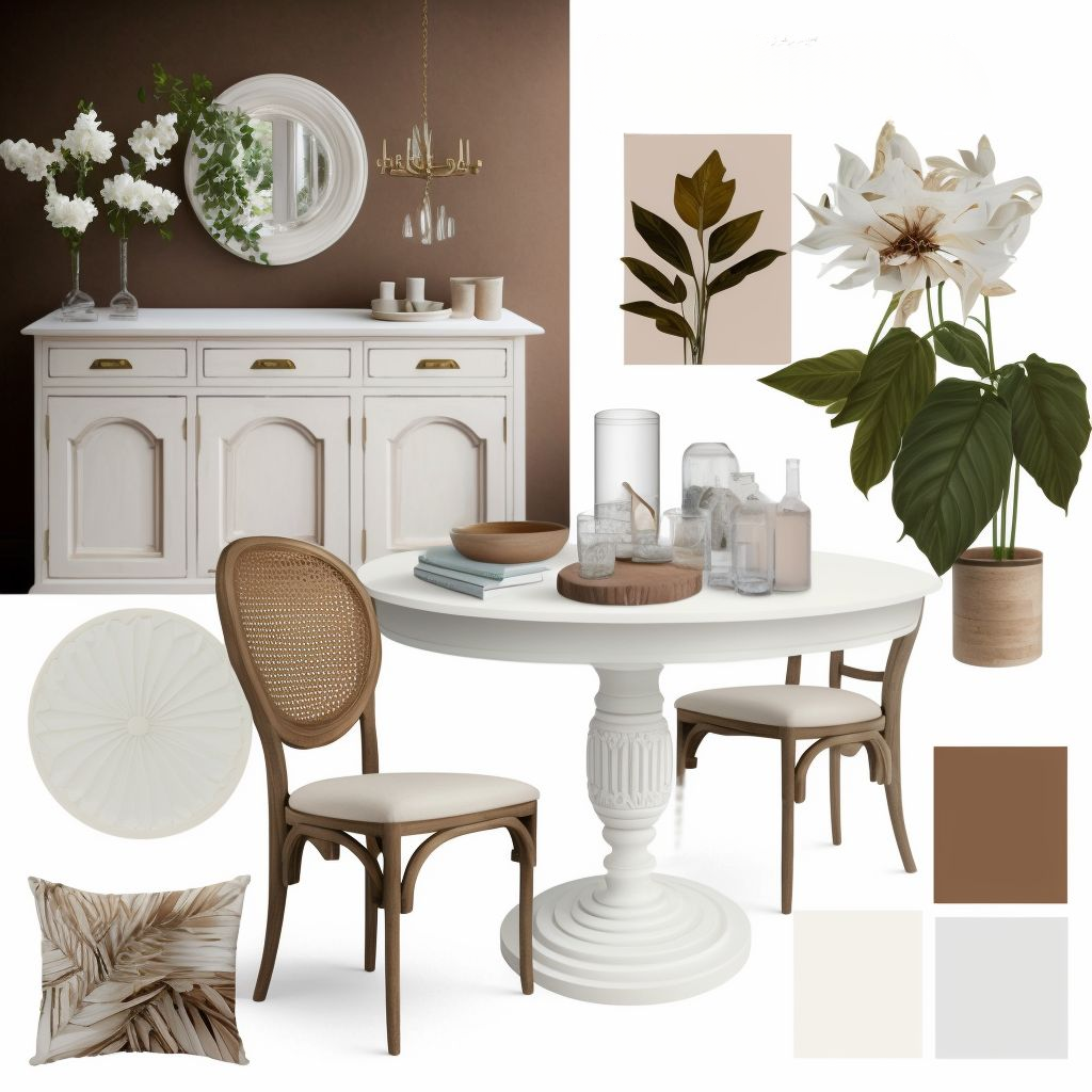 Elegant French Country Dining Room in White, Beige & Light Brown