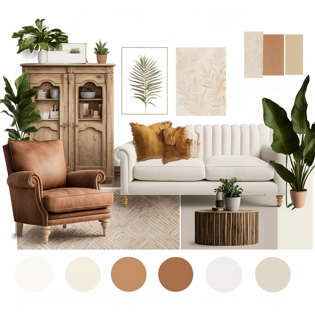 Bohemian Living Room with White, Beige, and Light Brown