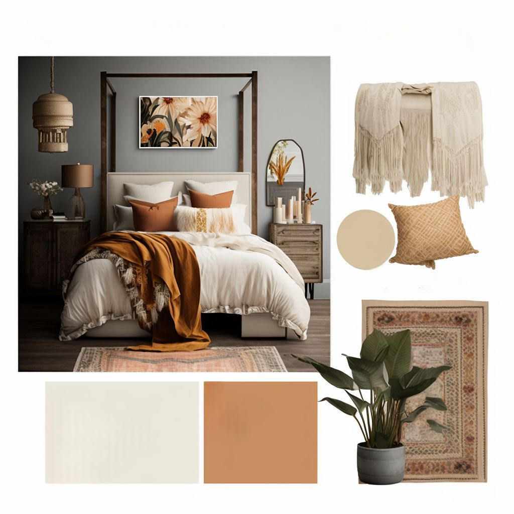 Bohemian Bedroom with Tan, Beige, Ivory & Orange Accents