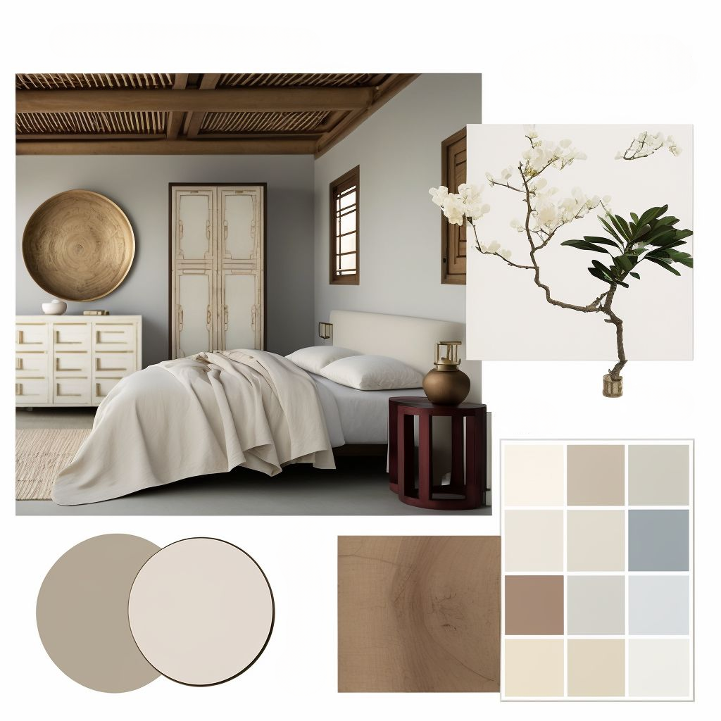 Tranquil Asian Zen Bedroom: White, Beige & Light Brown