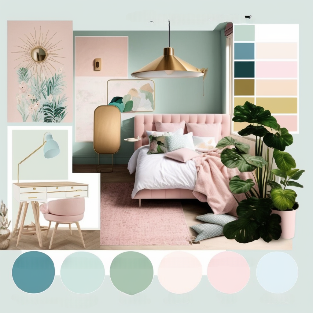 Tranquil Mid-Century Modern Bedroom: Light Pink, Blue & Green