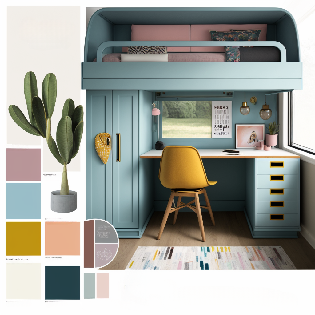 Whimsical Haven: Kids Room Design with Bunk Bed & Study Desk