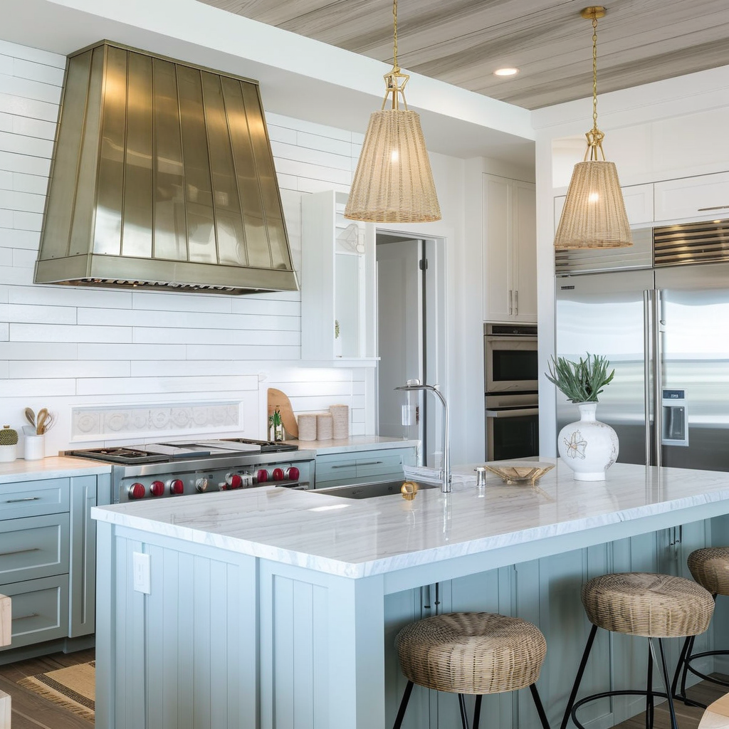 Coastal Kitchen Design with Modern Appliances and Bar Stools