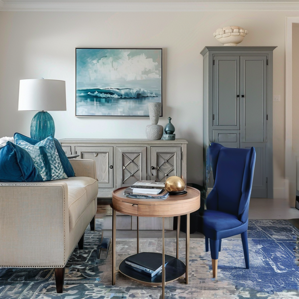 Coastal Living Room Design with Slate Blue & Teal Accents