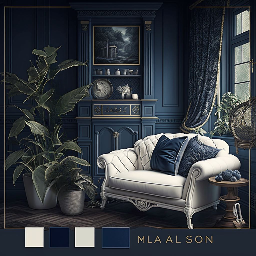 Victorian Living Room Elegance: White, Off-White & Navy Blue