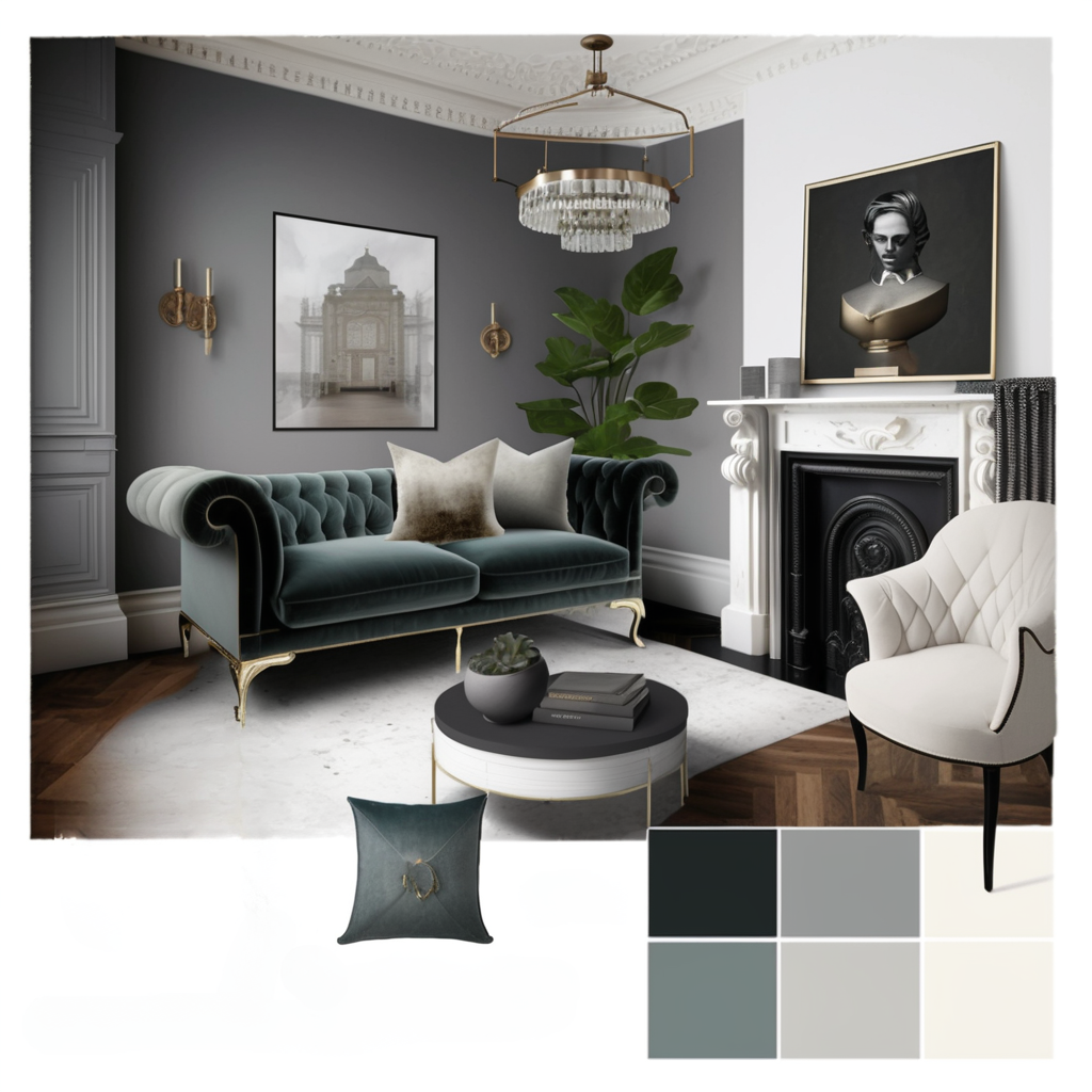 Victorian Living Room Elegance: White & Grey Palette