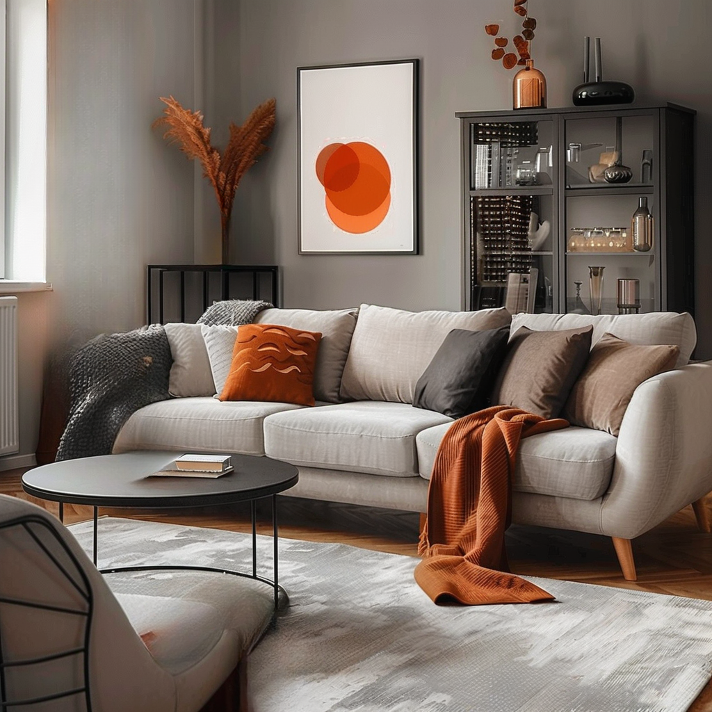 Minimalist Living Room: Elegant Mix of Gray, Orange & Crimson