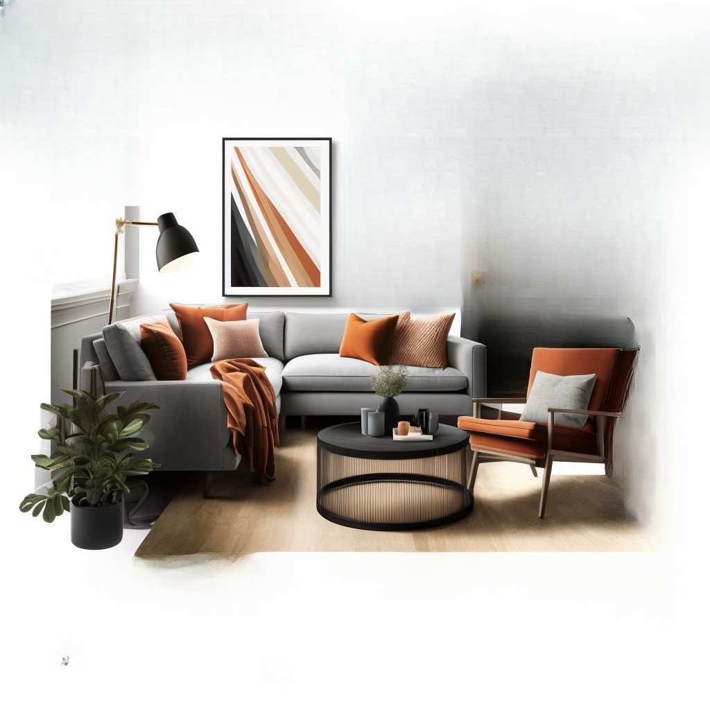 Contemporary Living Room: Gray, Orange & Crimson Fusion