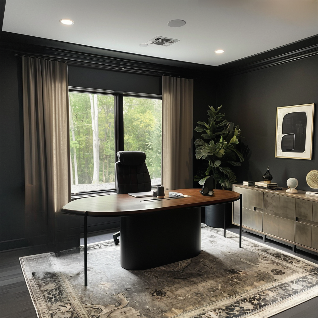 Modern Home Office with Warm Hues & Dark Green Accents