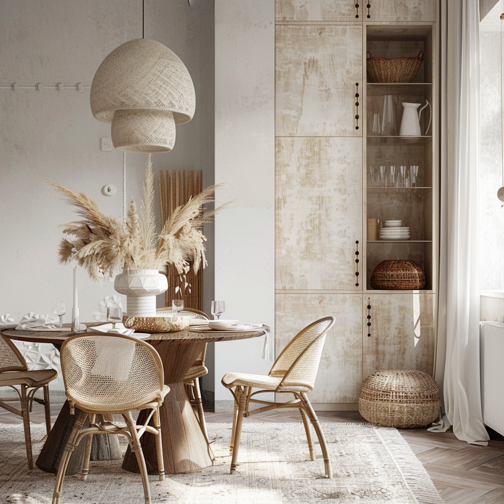 Bohemian Dining Room Design: White, Beige & Light Brown