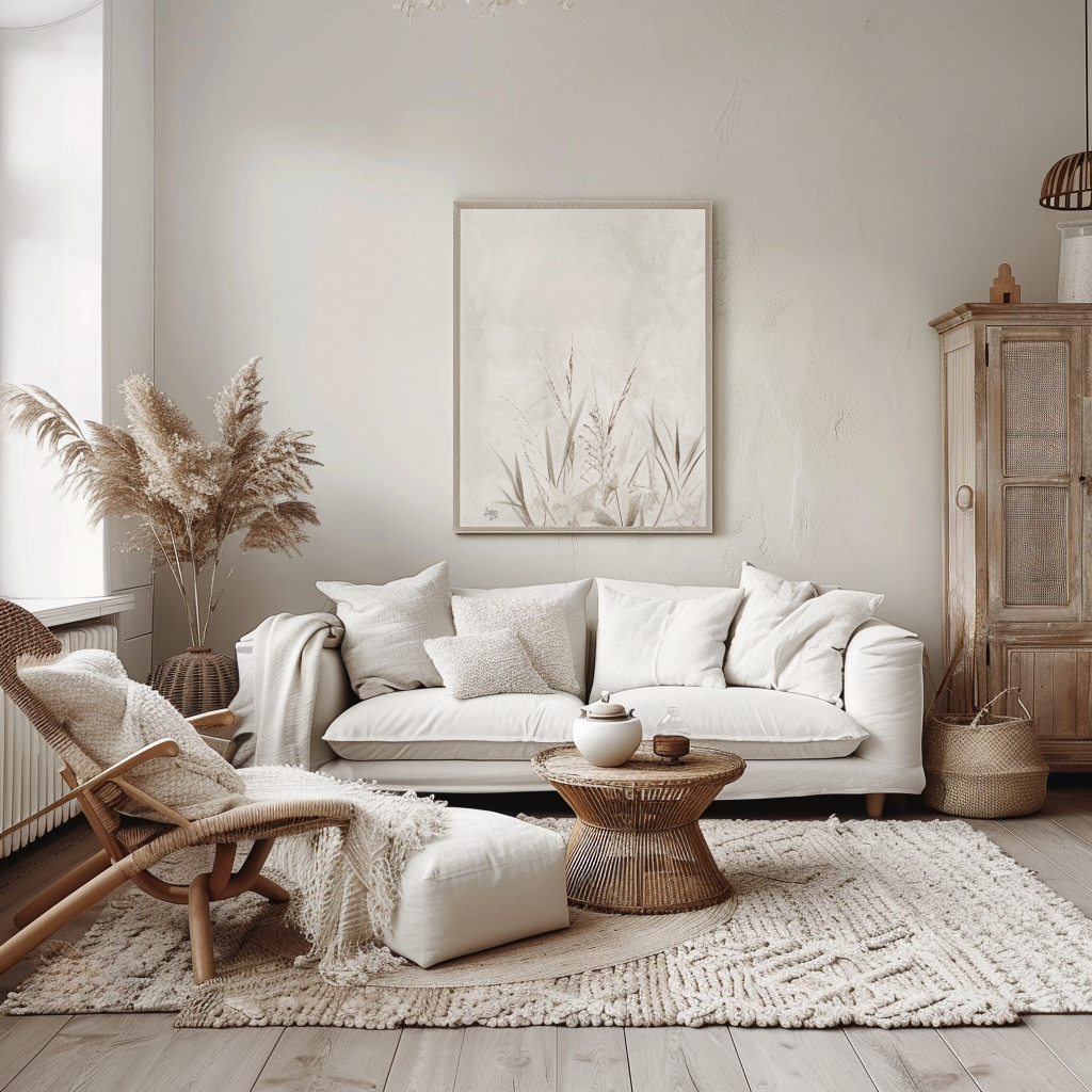 Bohemian Living Room: Artful Elegance in White, Beige & Brown