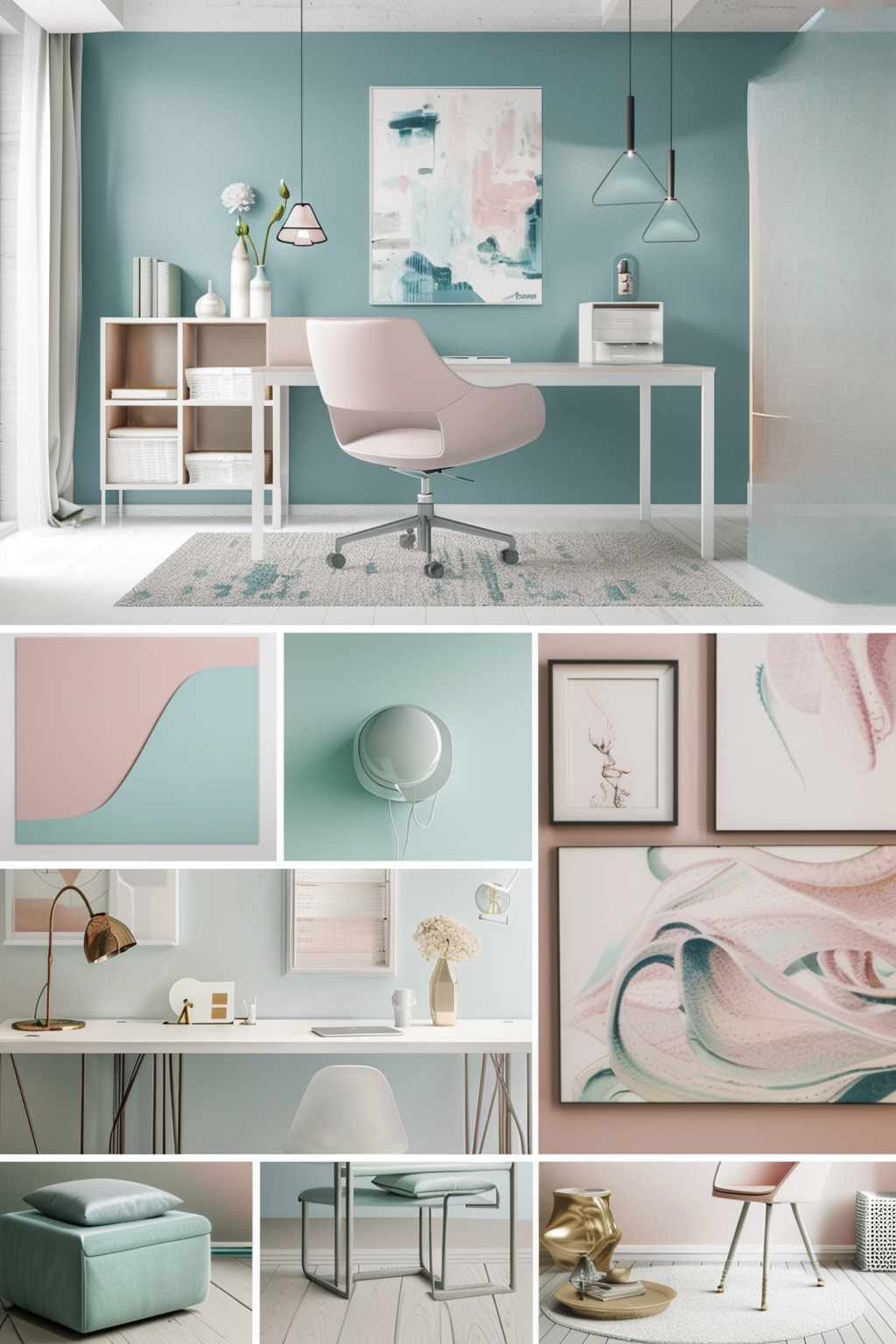 Modern Home Office: Light Pink, Blue & Green Serenity