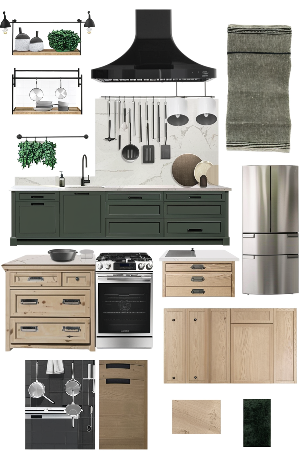 Traditional Kitchen: Elegant White Oak, Black & Green Harmony