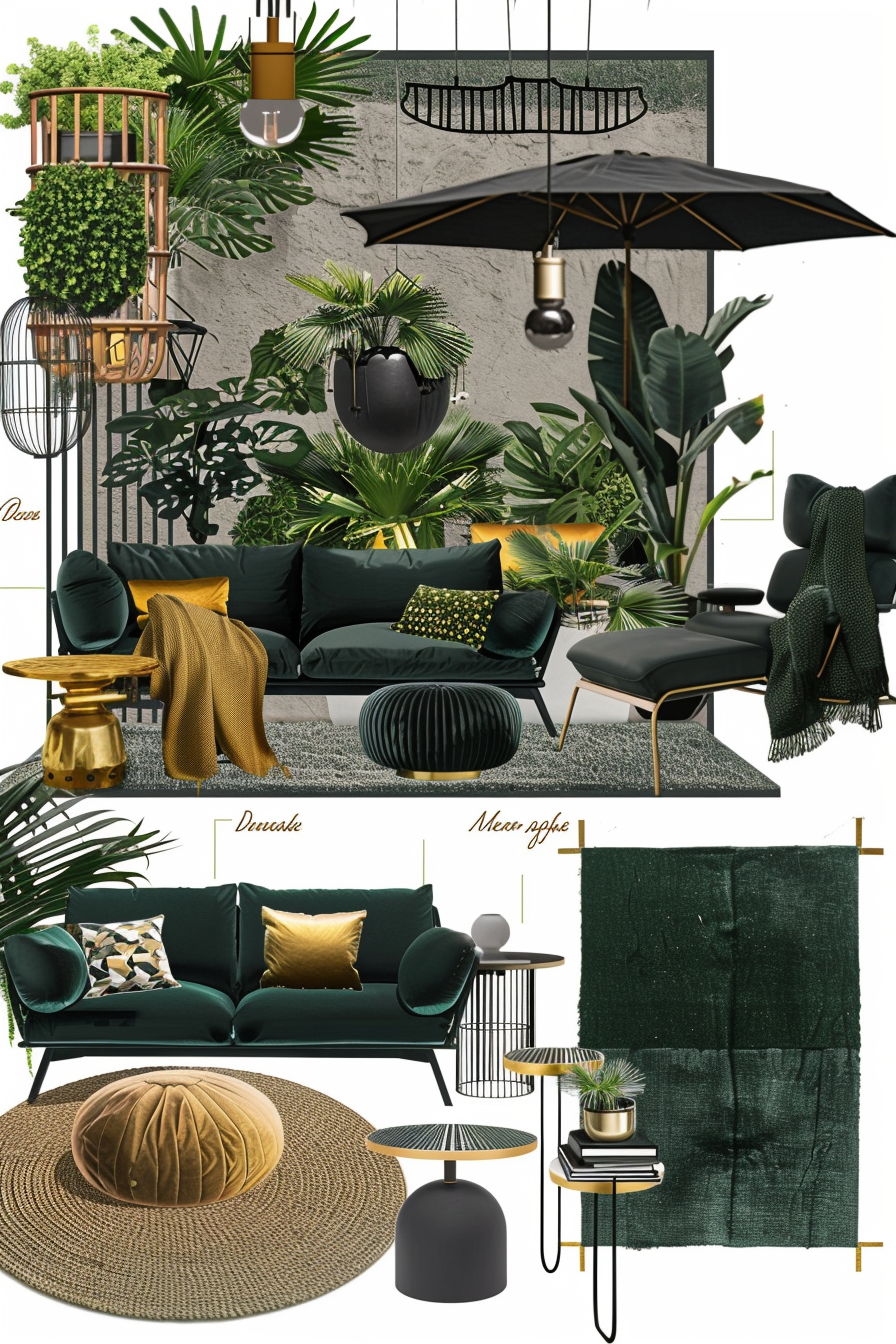 Chic Oasis Balcony: Green, Black & Gold