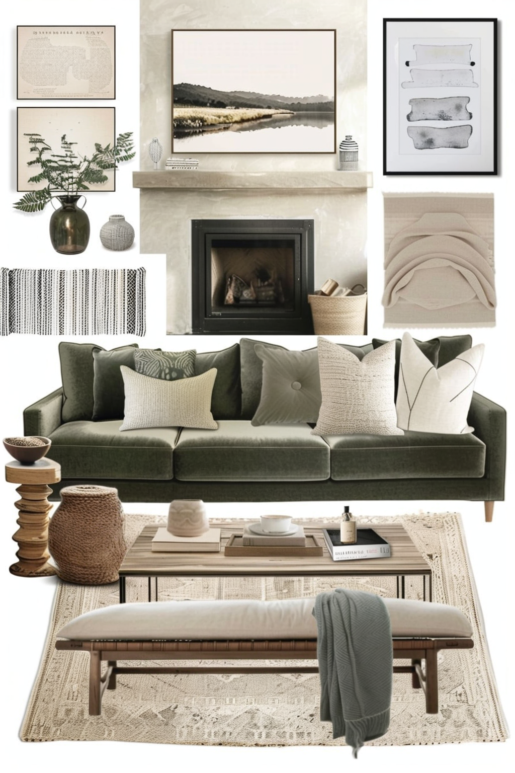 Modern Living Room: Sage Green & Off-White Elegance