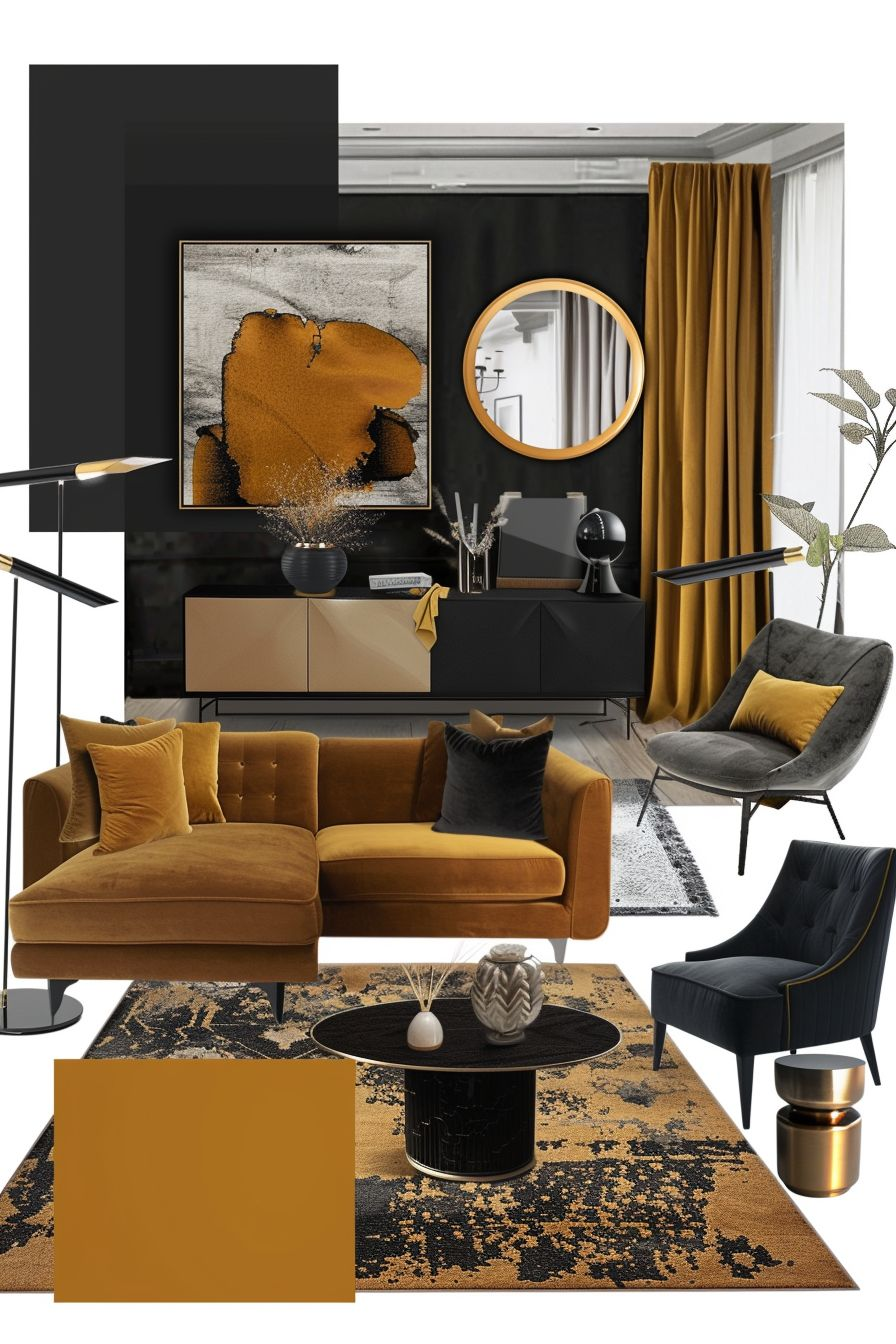 Art Deco Living Room Design: Dark Gray, Mustard & Black Elegance