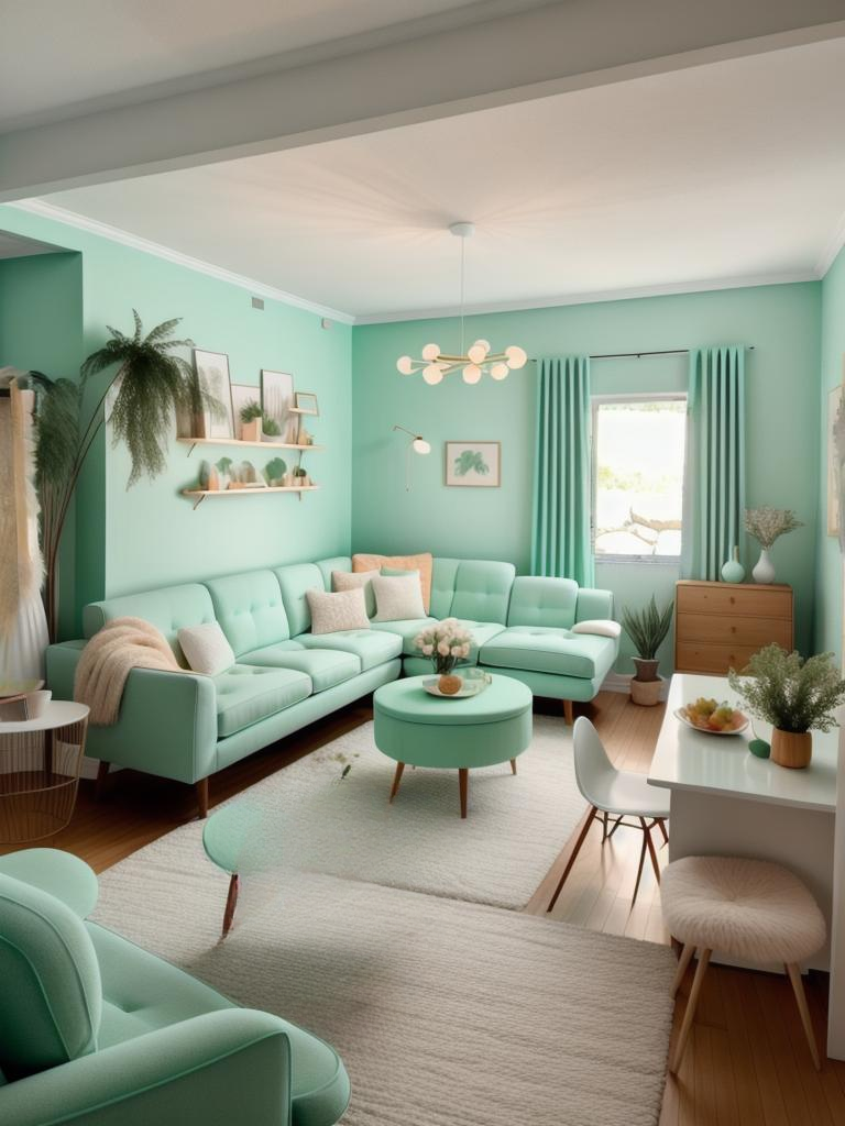 Mid-Century Modern Living Room with Mint, Yellow & Peach Hues