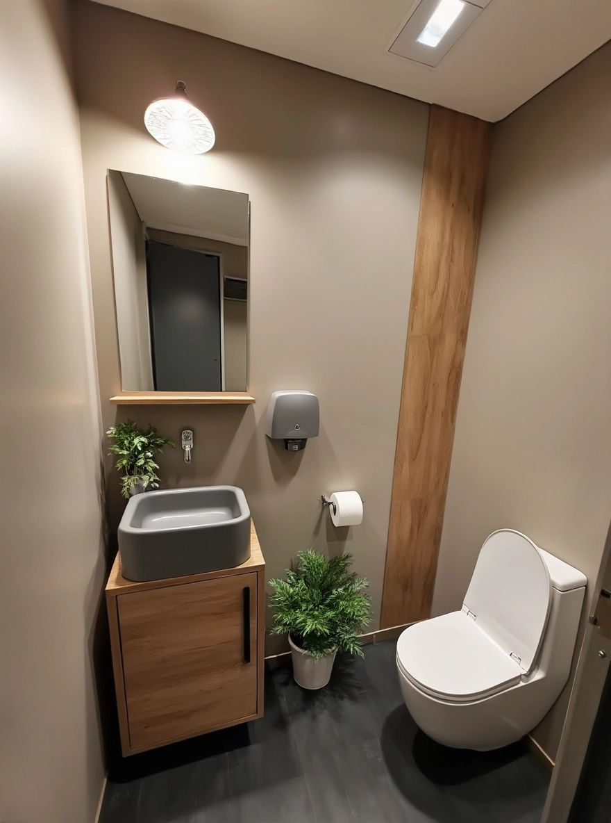 Modern Gym Bathroom Design: Natural Wood & Dark Grey Harmony