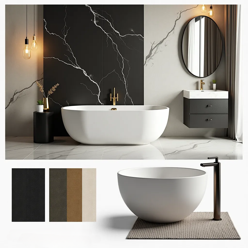 Modern Bathroom Elegance: Black, Gold & White