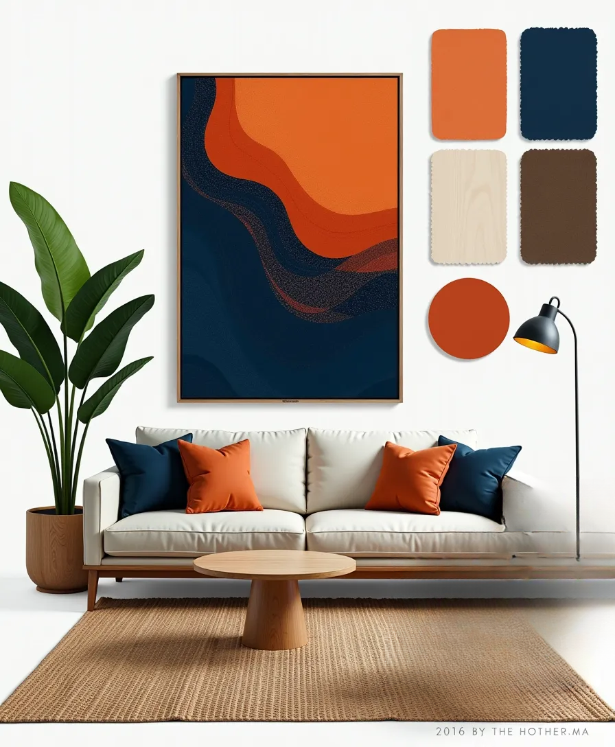 Tranquil Asian Zen Living Room with Navy & Burnt Orange