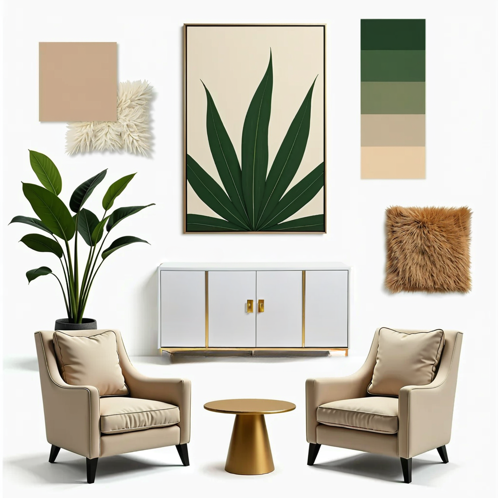 Chic Art Deco Living Room: White, Beige & Green Harmony