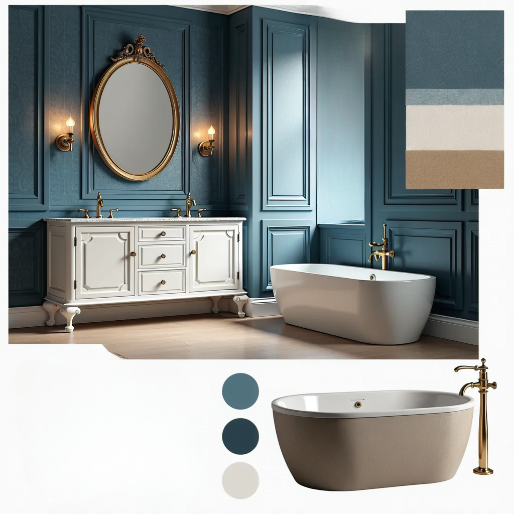 Victorian Elegance: Sapphire & Gold Bathroom Design