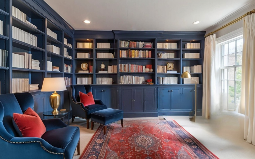 Traditional Library with Navy Blue Accents