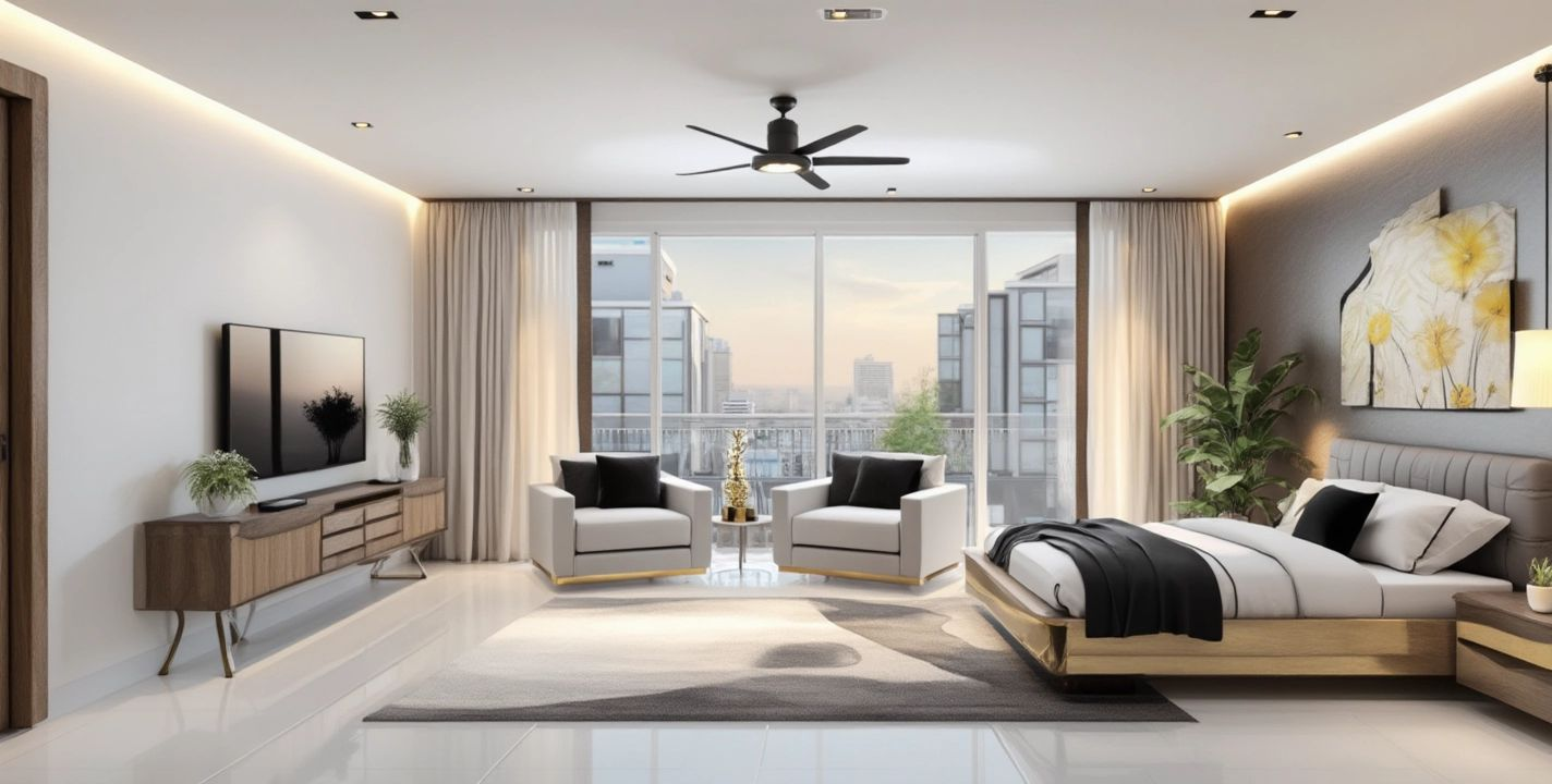 Sleek Contemporary Bedroom Design with Black, Gold, and White Hues