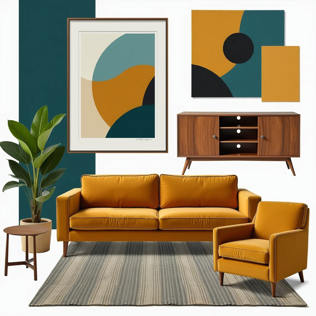 Artful Living Room: Mustard & Teal Elegance