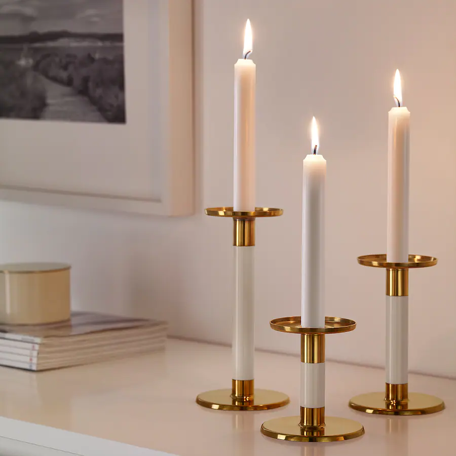 GLITTRIG Kerzenständer 3er-Set, elfenbeinweiß/goldfarben