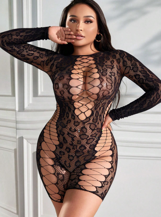 Leopard Hollow-Out Bodysuit for Plus Sizes, 1 Piece