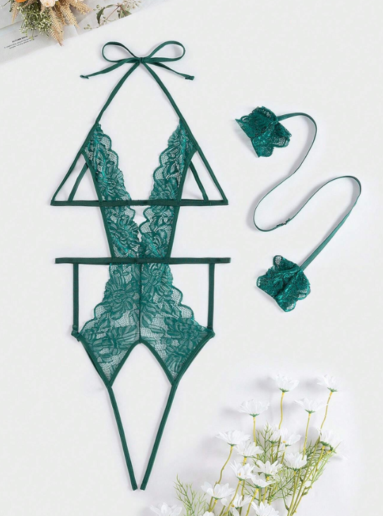 Exotic Bondage Lace Teddy Bodysuit & 1 Pair Hand Ring