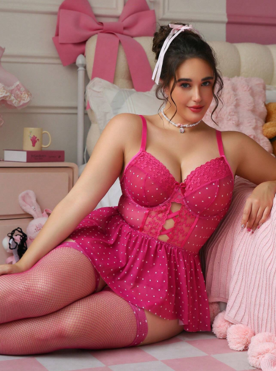 SHEIN PetitDoll 3 Piece Set with Underwire Bodysuit and Stockings Plus Size with Lace Embroidery