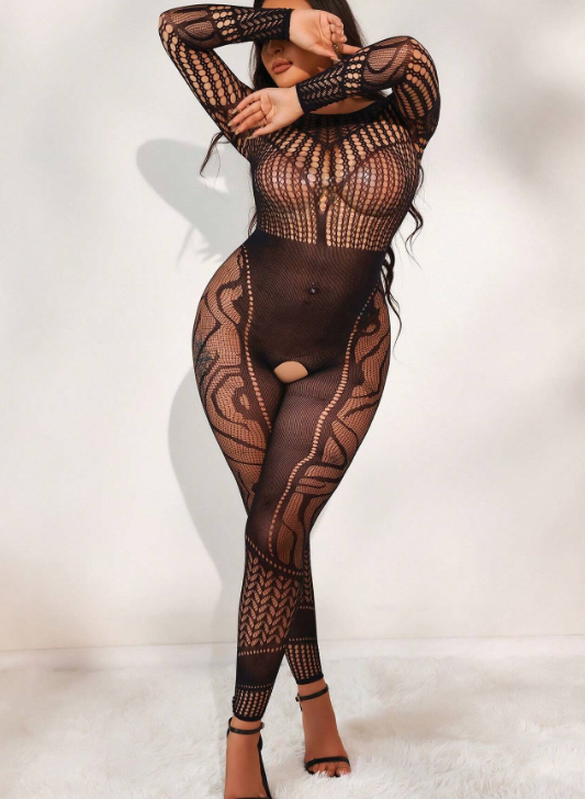 Classic Sexy Plus Size Women Sexy Round Neck Long Sleeve Mesh Bodysuit